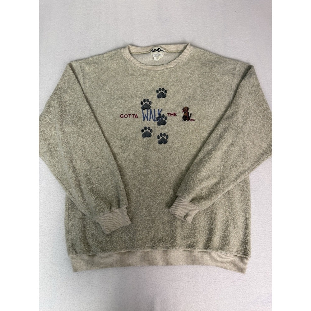 Vintage Winona Fleece Sweatshirt Medium Beige Gotta Walk The Dog Embroidered USA